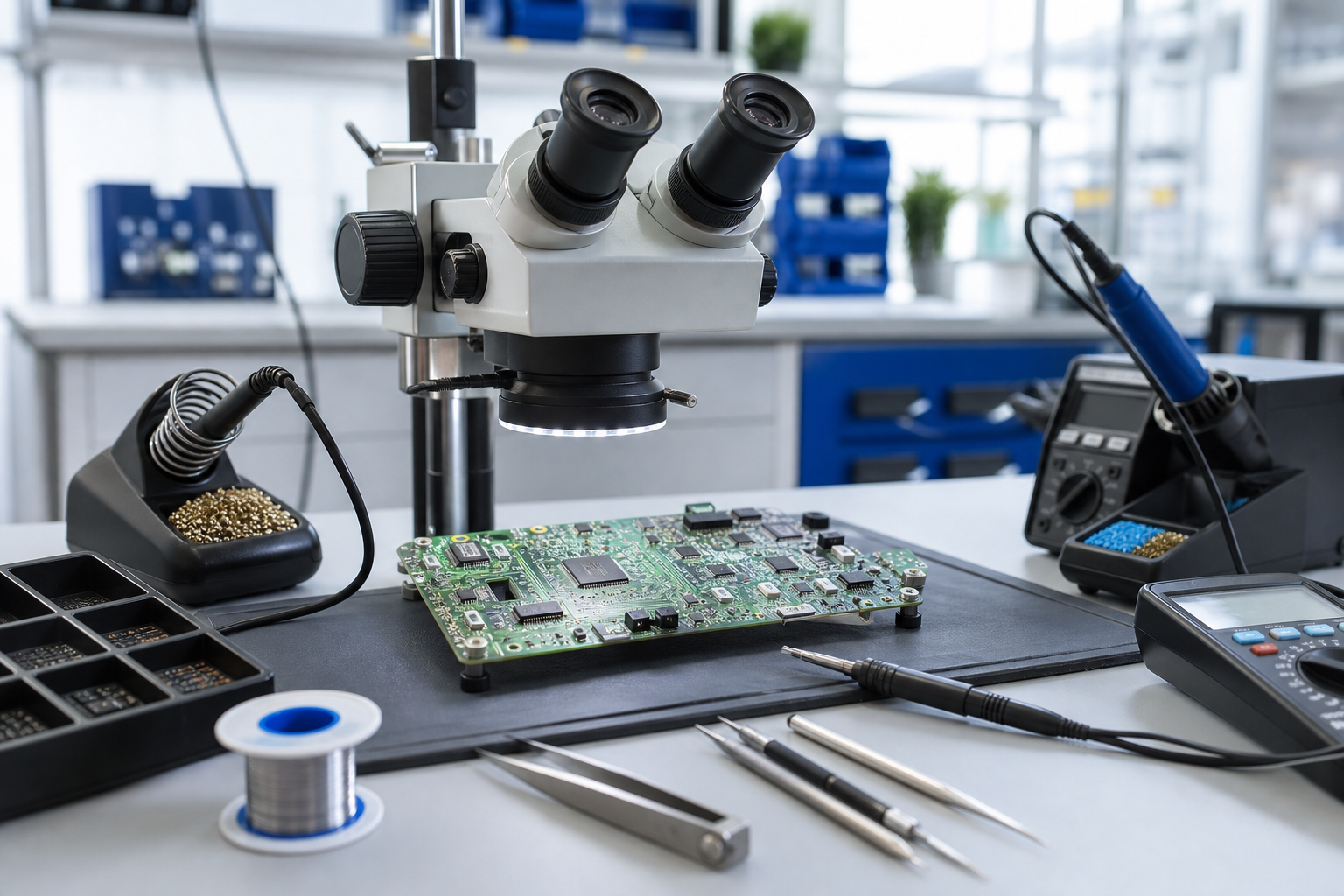 Stanowisko z mikroskopem i płytką PCB